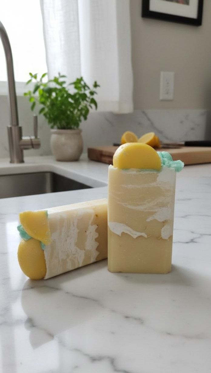 Two cylindrical yellow soaps with green accents on a marble countertop.