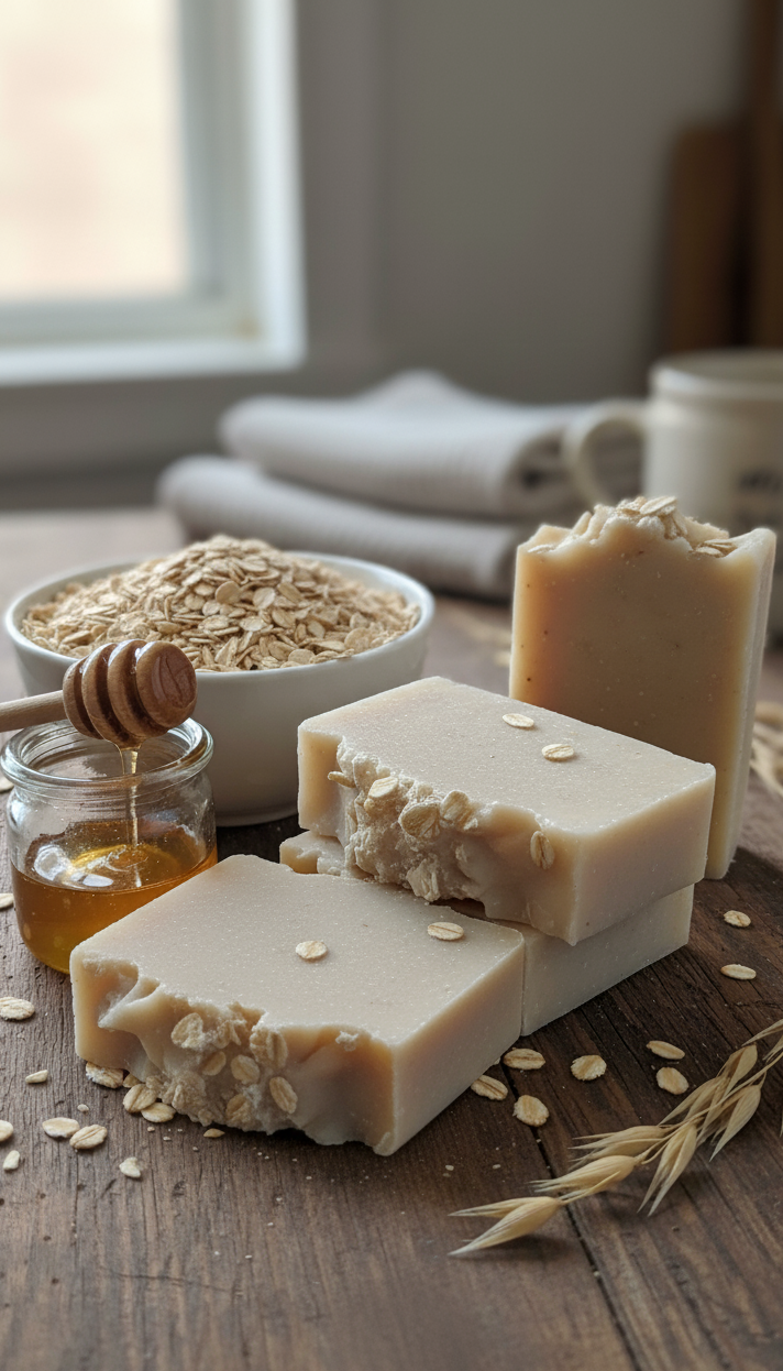 Three bars of soap on a wooden surface with oats, honey, and a bowl in the background.