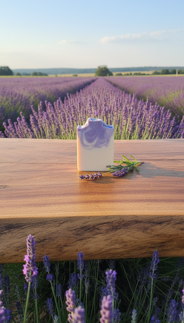 Bar of soap on a wooden surface with lavender flowers in the background