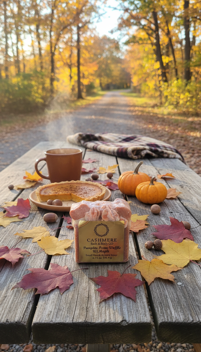 Autumn scene with a wooden table, pie, pumpkins, and soap on a path lined with trees.