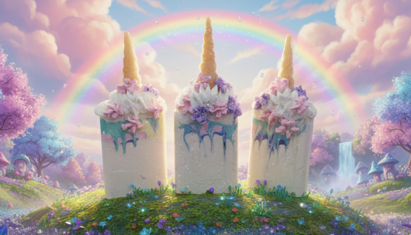 Three unicorn-shaped soaps with colorful decorations in a fantasy landscape with a rainbow.
