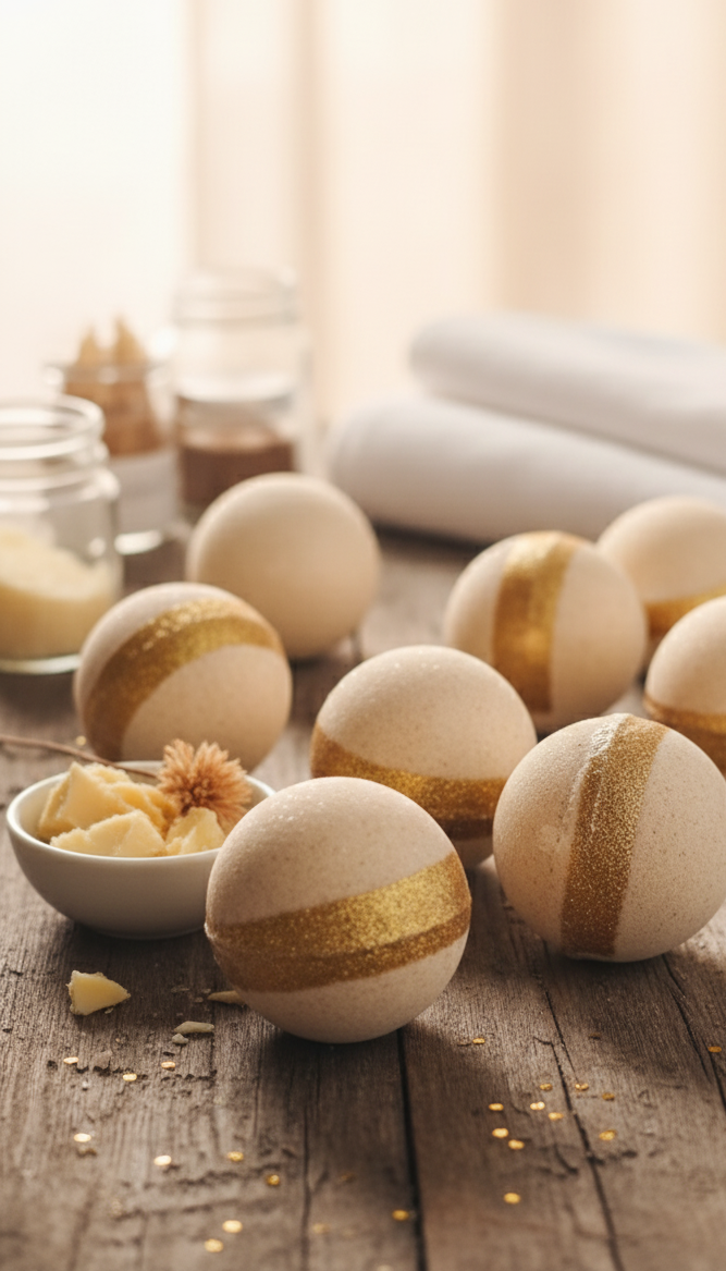 Bath bombs with gold stripes on a wooden surface with towels in the background